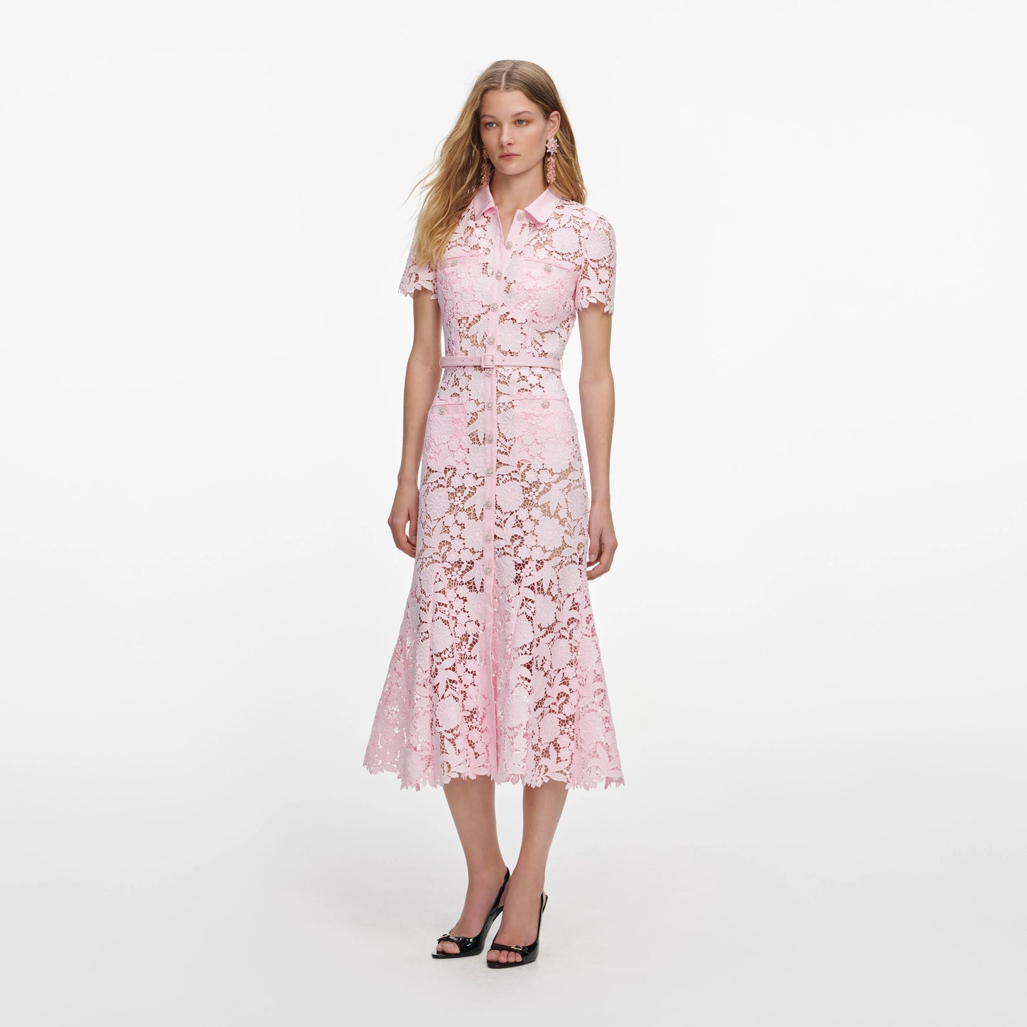 Pink Lace Collared Midi Dress