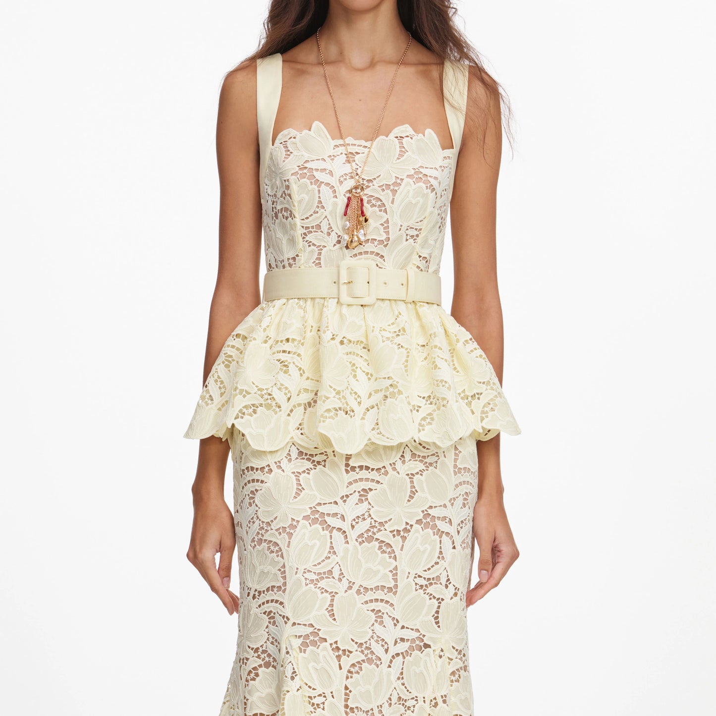 Yellow Lace Peplum Midi Dress
