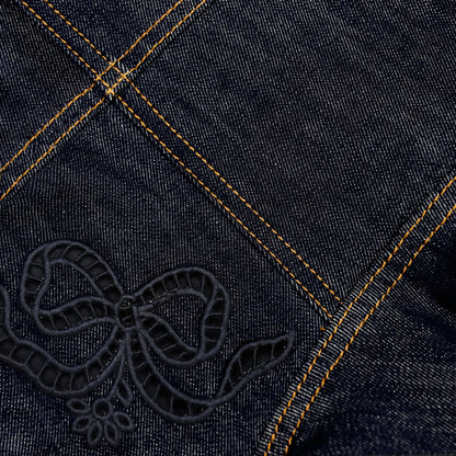 Indigo Denim Bow Embroidered Mini Dress