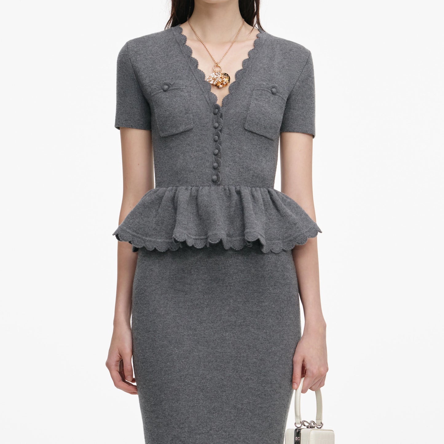 Grey Peplum Knit Midi Dress