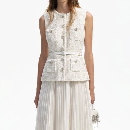 Cream Sequin Boucle Tailored Midi Dress
