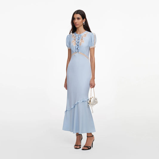 Blue Viscose Lace Midi Dress