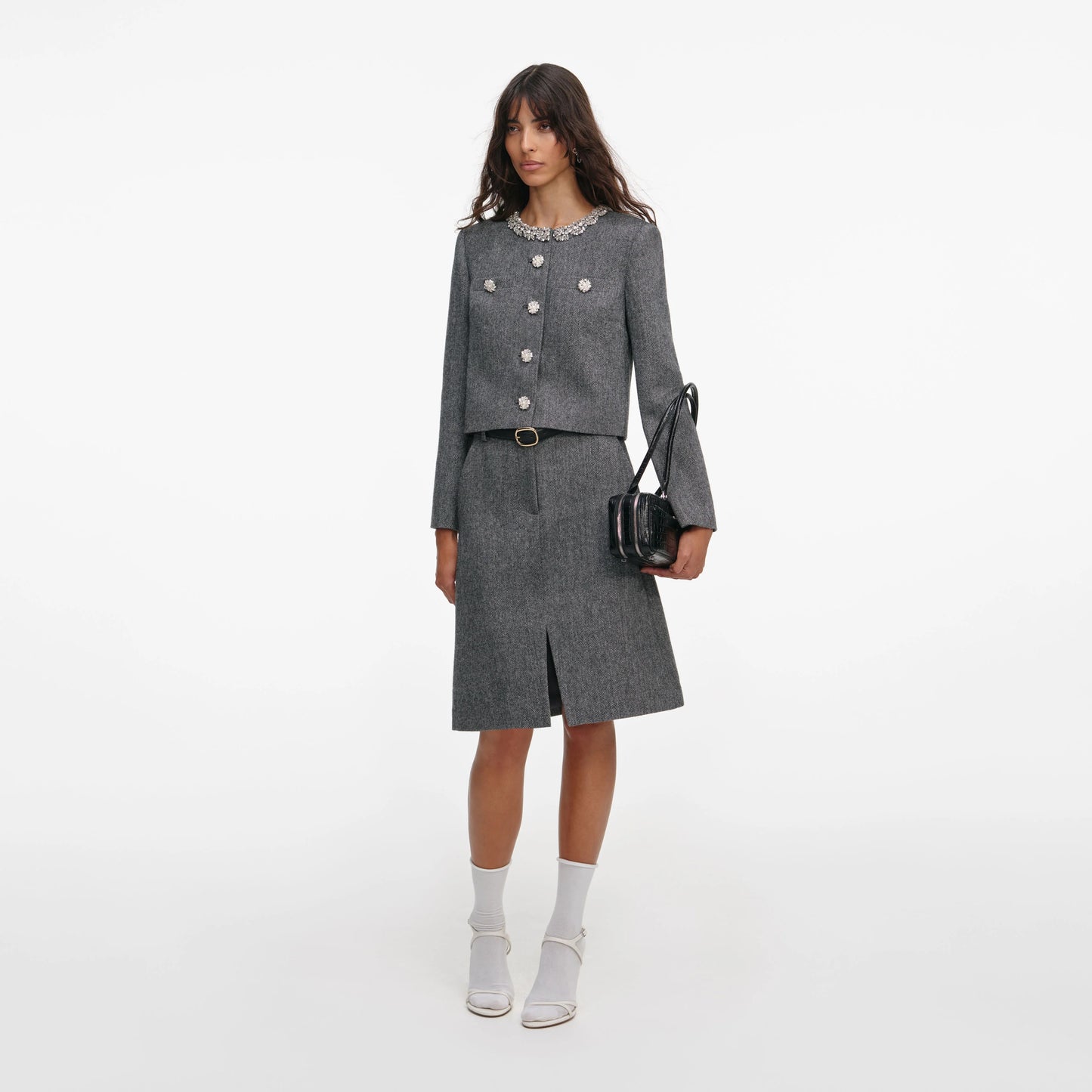 Grey Herringbone Crystal Trim Jacket