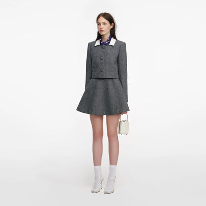 Grey Herringbone Scarf Detail Jacket