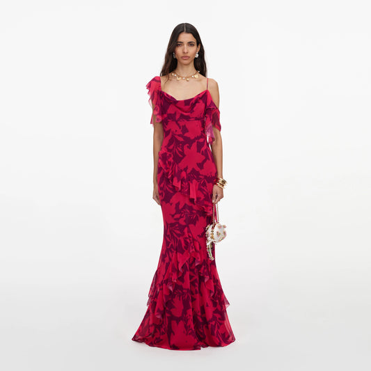 Pink Floral Ruffle Maxi Dress
