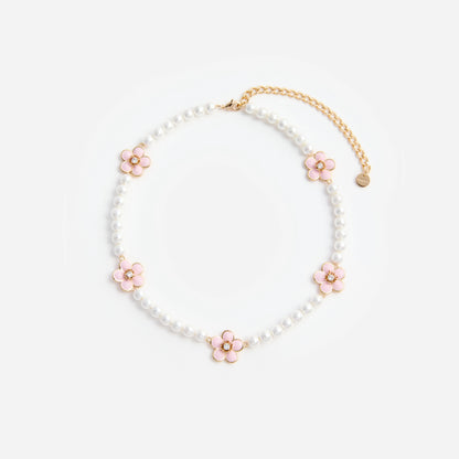 Pink Enamel Flower Pearl Choker
