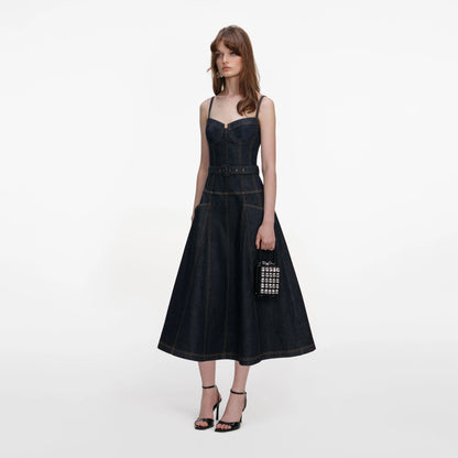 Indigo Denim Flared Midi Dress