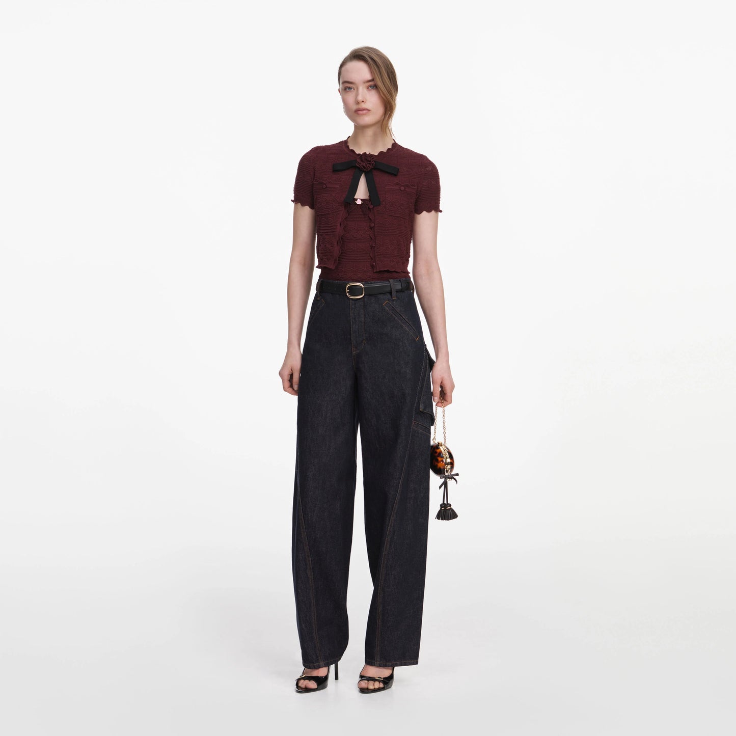 Brown Pointelle Knit Top