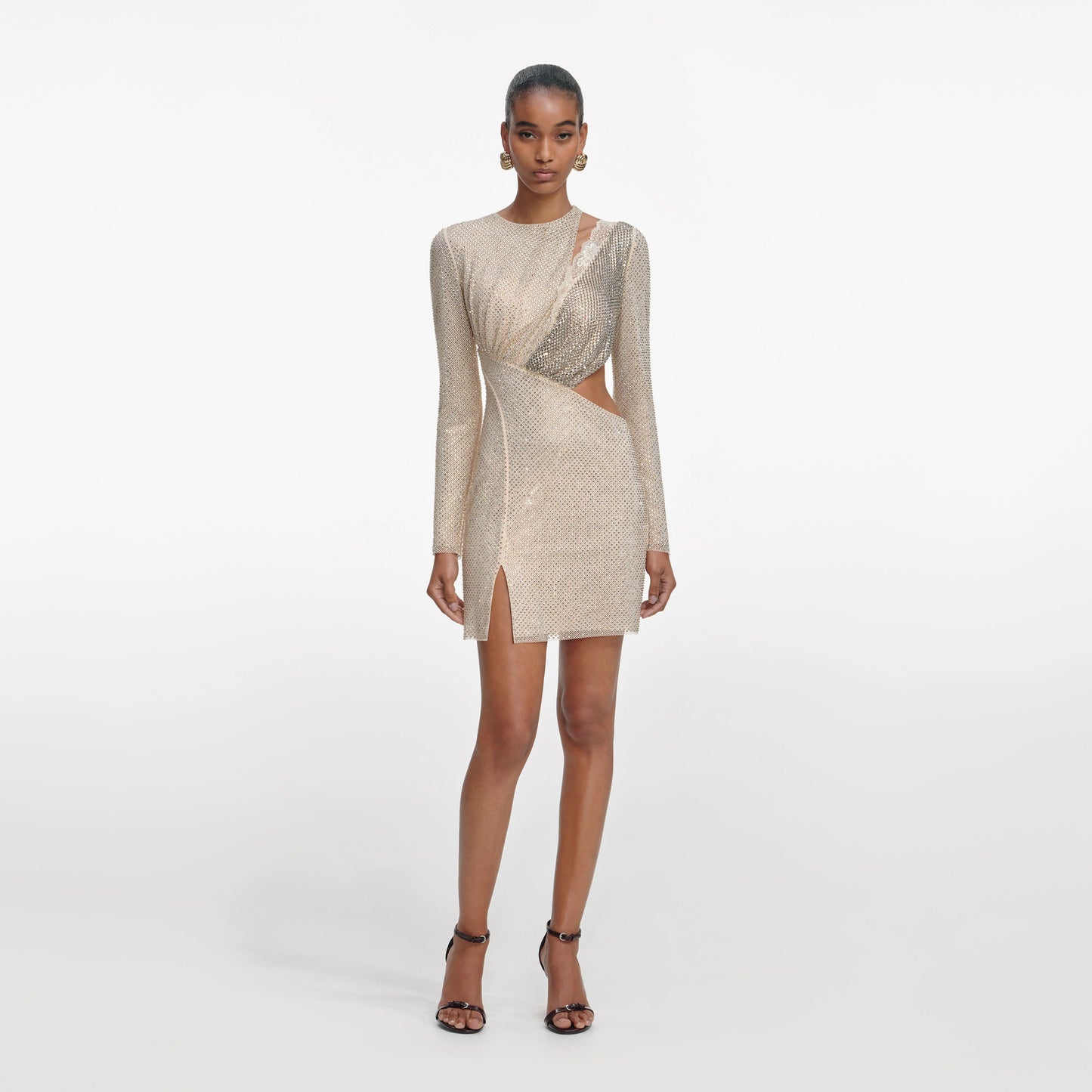 Champagne Rhinestone Lace Trim Mini Dress