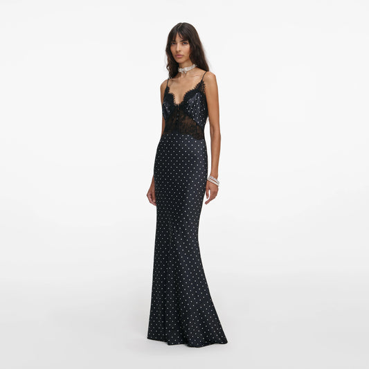 Polka Dot Satin Lace Maxi Dress