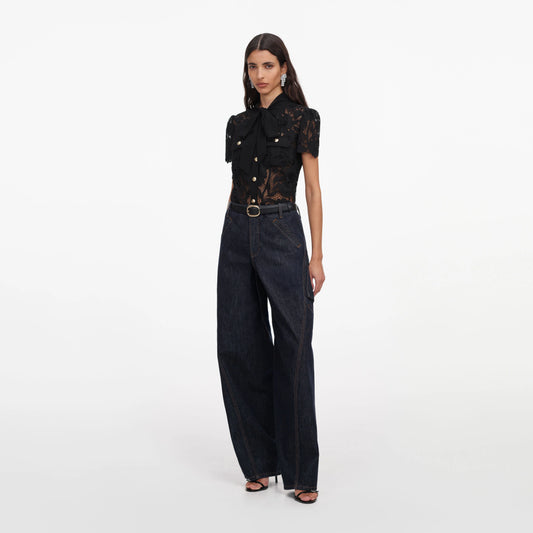 Black Lace Tie Neck Top