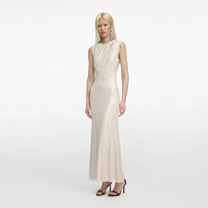 Champagne Rhinestone Cut Out Midi Dress