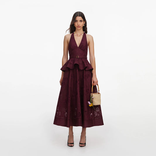 Plum Linen Blend Peplum Midi Dress