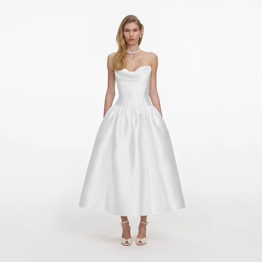 White Taffeta Strapless Midi Dress