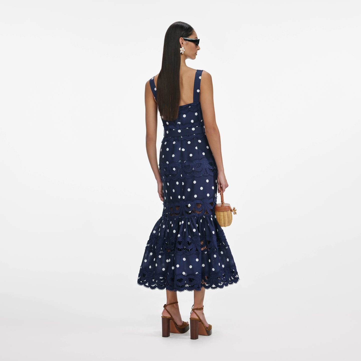 Navy Polka Dot Linen Midi Dress