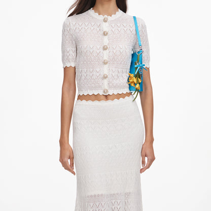 White Pointelle Knit Midi Skirt