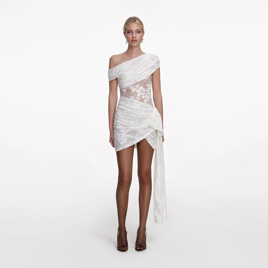 White Rhinestone Lace Tie Side Mini Dress