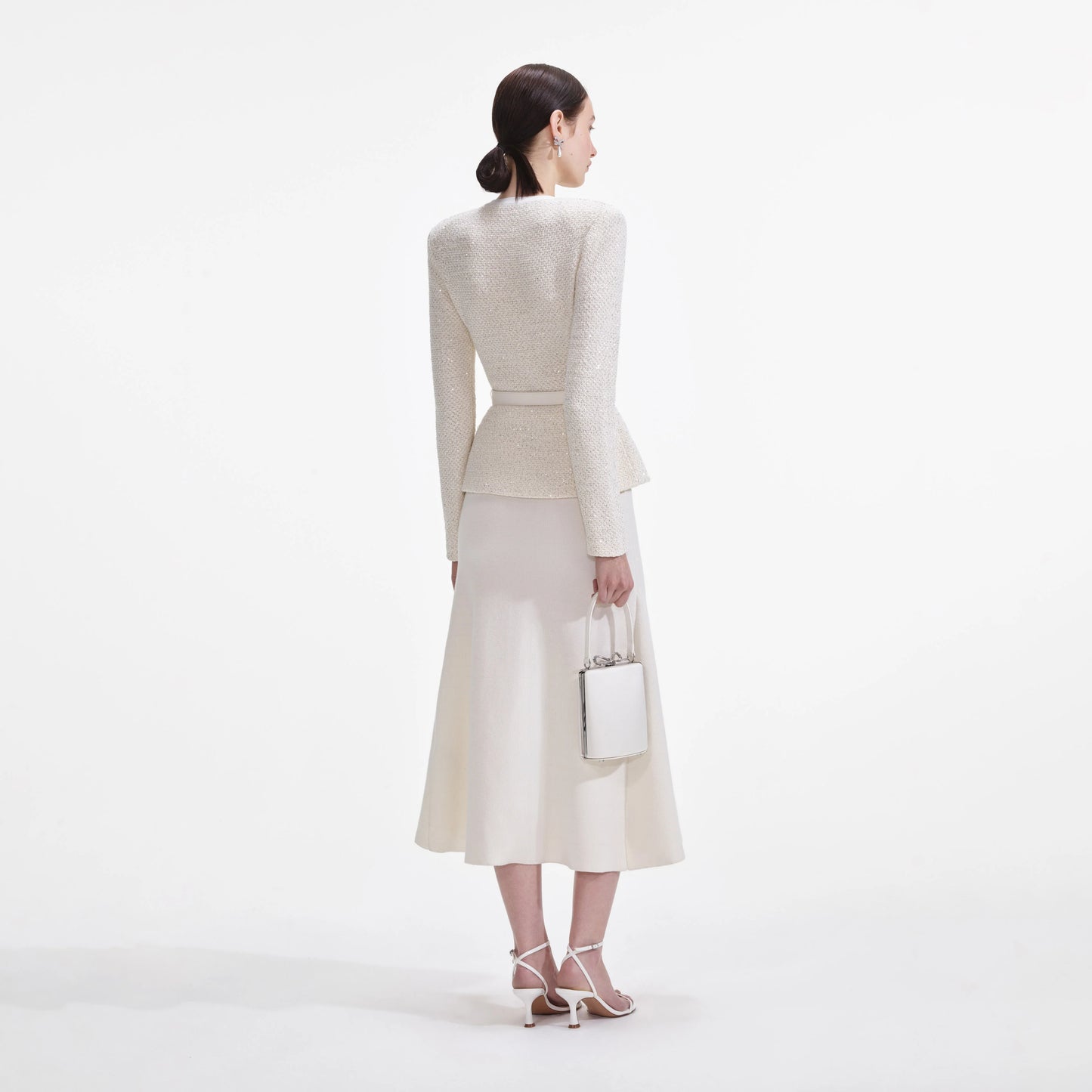 Cream Sequin Knit Tailored Midi Dress