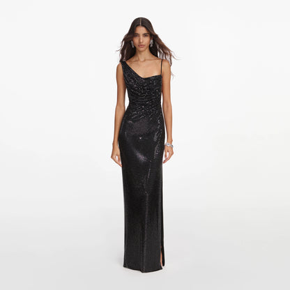 Black Rhinestone Draped Maxi Dress