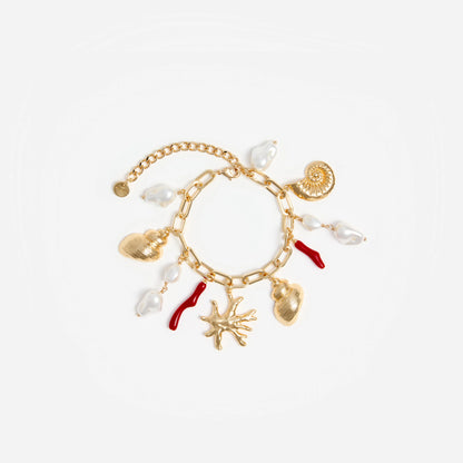 Gold Coral Pearl Charm Bracelet