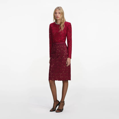 Burgundy Guipure Lace Midi Skirt