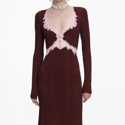 Brown Contrast Lace Knit Midi Dress