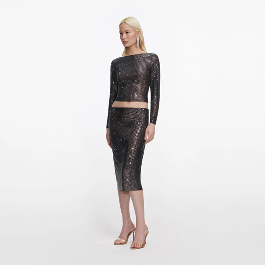 Gunmetal Rhinestone Midi Skirt